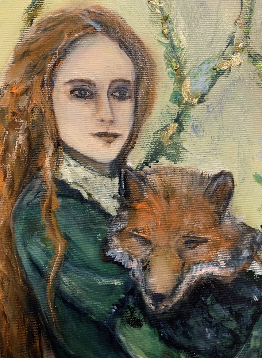 Detail of Girl with a Fox showing the woman's face and the fox